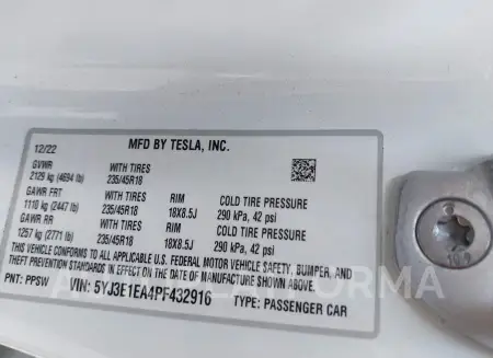 TESLA MODEL 3 2023 vin 5YJ3E1EA4PF432916 from auto auction Iaai