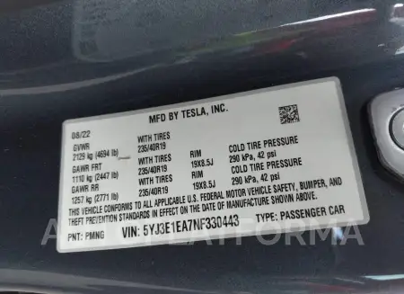 TESLA MODEL 3 2022 vin 5YJ3E1EA7NF330443 from auto auction Iaai