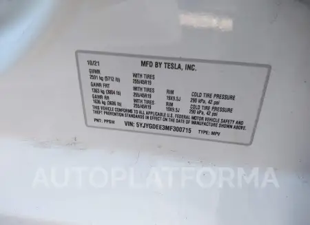 TESLA MODEL Y 2021 vin 5YJYGDEE3MF300715 from auto auction Iaai