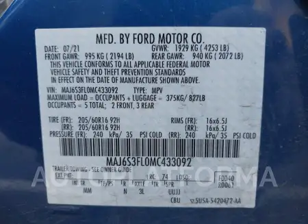 FORD ECOSPORT 2021 vin MAJ6S3FL0MC433092 from auto auction Iaai