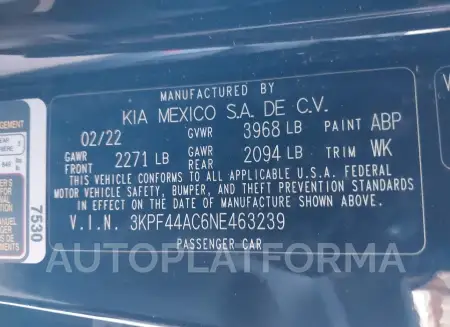 KIA FORTE 2022 vin 3KPF44AC6NE463239 from auto auction Iaai