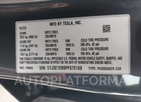 TESLA MODEL 3 2023 vin 5YJ3E1EB9PF670169 from auto auction Iaai