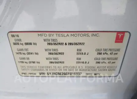 TESLA MODEL X 2016 vin 5YJXCBE26GF016937 from auto auction Iaai