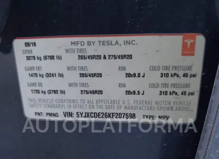 TESLA MODEL X 2019 vin 5YJXCDE26KF207598 from auto auction Iaai