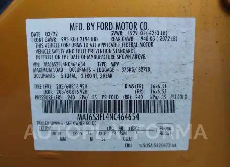 FORD ECOSPORT 2022 vin MAJ6S3FL4NC464654 from auto auction Iaai