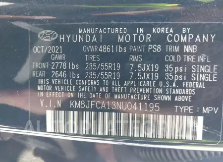 HYUNDAI TUCSON HYBRID 2022 vin KM8JFCA13NU041195 from auto auction Iaai