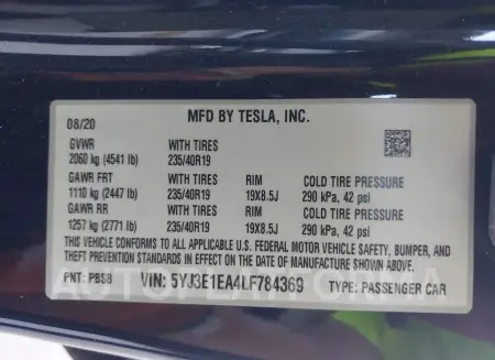 TESLA MODEL 3 2020 vin 5YJ3E1EA4LF784369 from auto auction Iaai