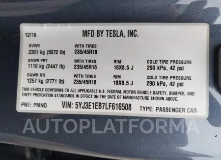 TESLA MODEL 3 2020 vin 5YJ3E1EB7LF616508 from auto auction Iaai