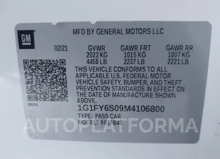 CHEVROLET BOLT EV 2021 vin 1G1FY6S09M4106800 from auto auction Iaai