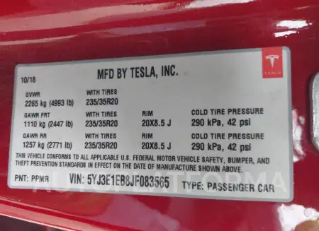 TESLA MODEL 3 2018 vin 5YJ3E1EB8JF083565 from auto auction Iaai