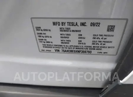 TESLA MODEL X 2022 vin 7SAXCBE5XNF359793 from auto auction Iaai