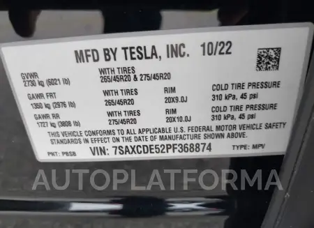 TESLA MODEL X 2023 vin 7SAXCDE52PF368874 from auto auction Iaai