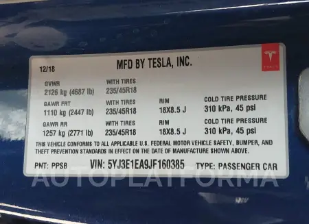 TESLA MODEL 3 2018 vin 5YJ3E1EA9JF160385 from auto auction Iaai