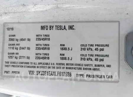 TESLA MODEL 3 2020 vin 5YJ3E1EAXLF612928 from auto auction Iaai