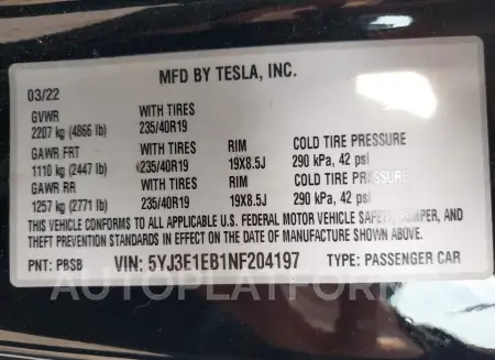 TESLA MODEL 3 2022 vin 5YJ3E1EB1NF204197 from auto auction Iaai