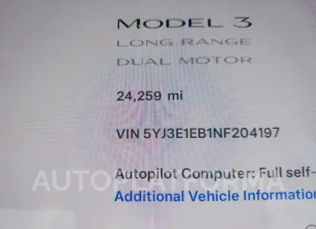 TESLA MODEL 3 2022 vin 5YJ3E1EB1NF204197 from auto auction Iaai