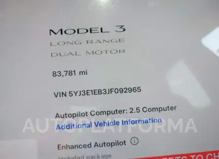 TESLA MODEL 3 2018 vin 5YJ3E1EB3JF092965 from auto auction Iaai