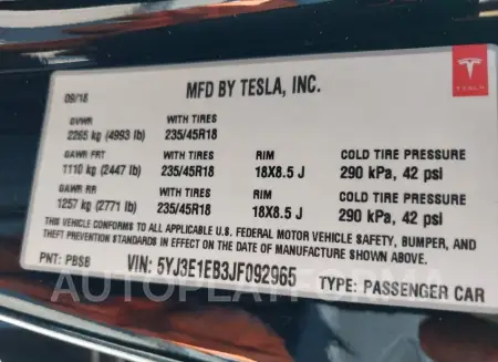 TESLA MODEL 3 2018 vin 5YJ3E1EB3JF092965 from auto auction Iaai