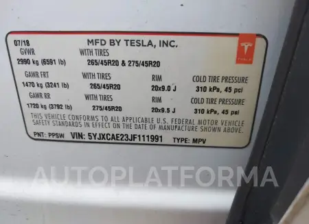 TESLA MODEL X 2018 vin 5YJXCAE23JF111991 from auto auction Iaai