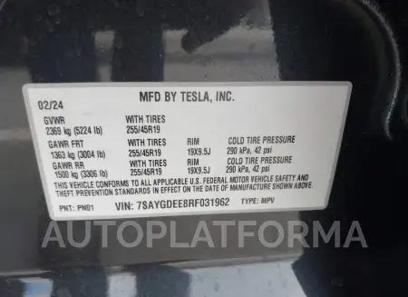 TESLA MODEL Y 2024 vin 7SAYGDEE8RF031962 from auto auction Iaai