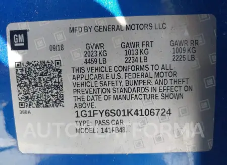 CHEVROLET BOLT EV 2019 vin 1G1FY6S01K4106724 from auto auction Iaai