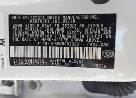 TOYOTA AVALON HYBRID 2019 vin 4T1B21FB9KU002029 from auto auction Iaai