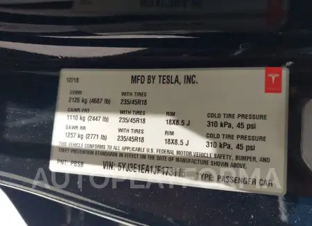 TESLA MODEL 3 2018 vin 5YJ3E1EA1JF173115 from auto auction Iaai