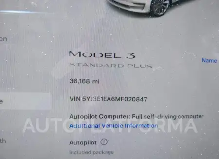 TESLA MODEL 3 2021 vin 5YJ3E1EA6MF020847 from auto auction Iaai