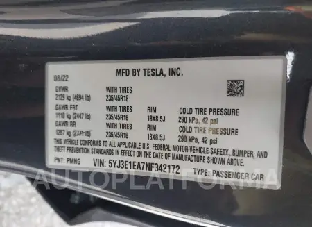 TESLA MODEL 3 2022 vin 5YJ3E1EA7NF342172 from auto auction Iaai