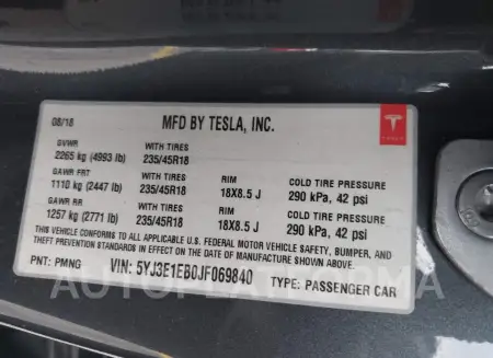 TESLA MODEL 3 2018 vin 5YJ3E1EB0JF069840 from auto auction Iaai