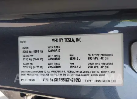 TESLA MODEL 3 2019 vin 5YJ3E1EB8KF421693 from auto auction Iaai