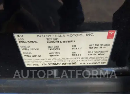 TESLA MODEL S 2016 vin 5YJSA1E13GF155263 from auto auction Iaai