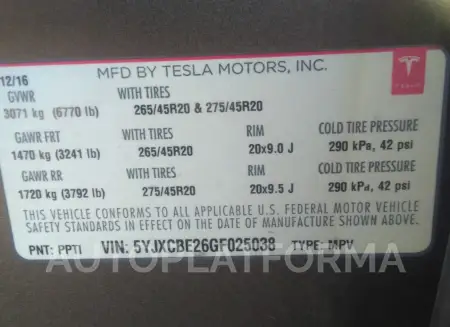 TESLA MODEL X 2016 vin 5YJXCBE26GF025038 from auto auction Iaai