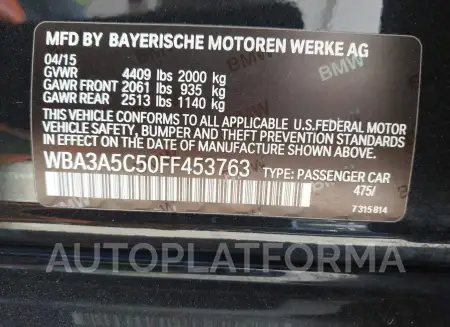 BMW 328I  2015 vin WBA3A5C50FF453763 from auto auction Iaai