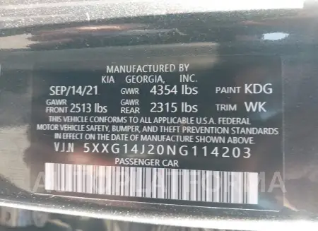 KIA K5 2022 vin 5XXG14J20NG114203 from auto auction Iaai