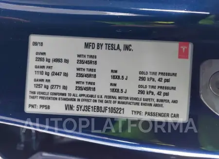 TESLA MODEL 3 2018 vin 5YJ3E1EB0JF105221 from auto auction Iaai