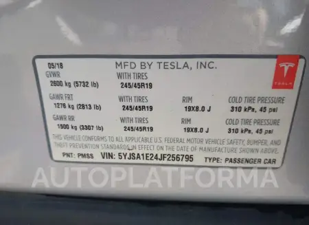 TESLA MODEL S 2018 vin 5YJSA1E24JF256795 from auto auction Iaai