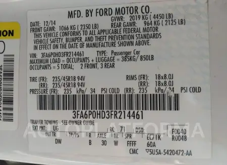 FORD FUSION 2015 vin 3FA6P0HD3FR214461 from auto auction Iaai