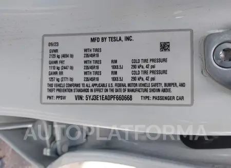 TESLA MODEL 3 2023 vin 5YJ3E1EA0PF660668 from auto auction Iaai