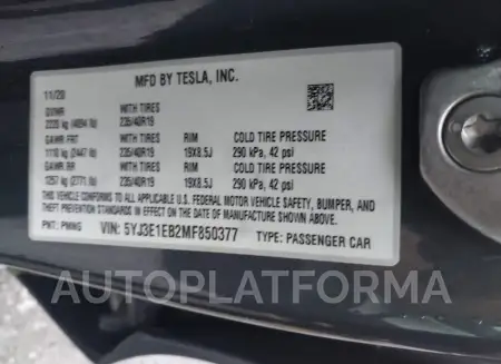 TESLA MODEL 3 2021 vin 5YJ3E1EB2MF850377 from auto auction Iaai