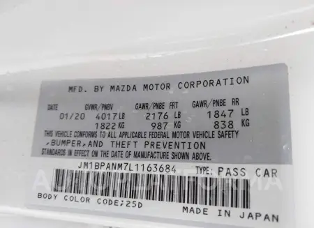 MAZDA MAZDA3 2020 vin JM1BPANM7L1163684 from auto auction Iaai