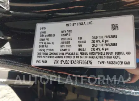 TESLA MODEL 3 2024 vin 5YJ3E1EA5RF756475 from auto auction Iaai