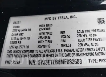 TESLA MODEL 3 2021 vin 5YJ3E1EB6MF032683 from auto auction Iaai