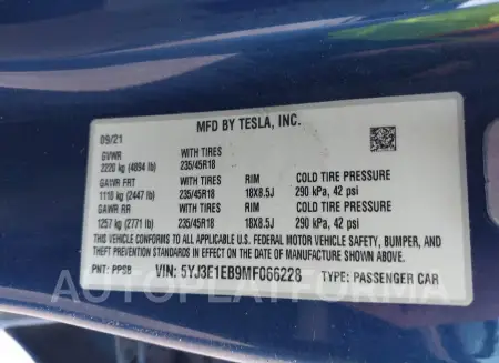 TESLA MODEL 3 2021 vin 5YJ3E1EB9MF066228 from auto auction Iaai