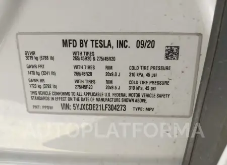 TESLA MODEL X 2020 vin 5YJXCDE21LF304273 from auto auction Iaai