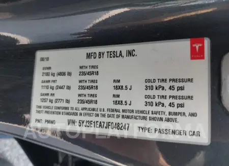 TESLA MODEL 3 2018 vin 5YJ3E1EA7JF048247 from auto auction Iaai