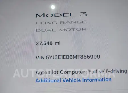 TESLA MODEL 3 2021 vin 5YJ3E1EB6MF855999 from auto auction Iaai