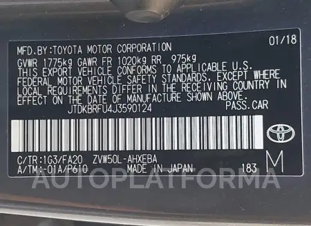 TOYOTA PRIUS 2018 vin JTDKBRFU4J3590124 from auto auction Iaai