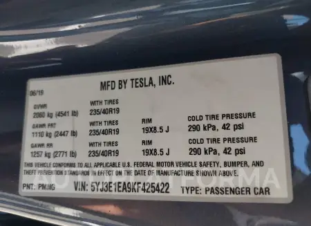 TESLA MODEL 3 2019 vin 5YJ3E1EA9KF425422 from auto auction Iaai