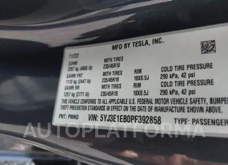 TESLA MODEL 3 2023 vin 5YJ3E1EB0PF392858 from auto auction Iaai